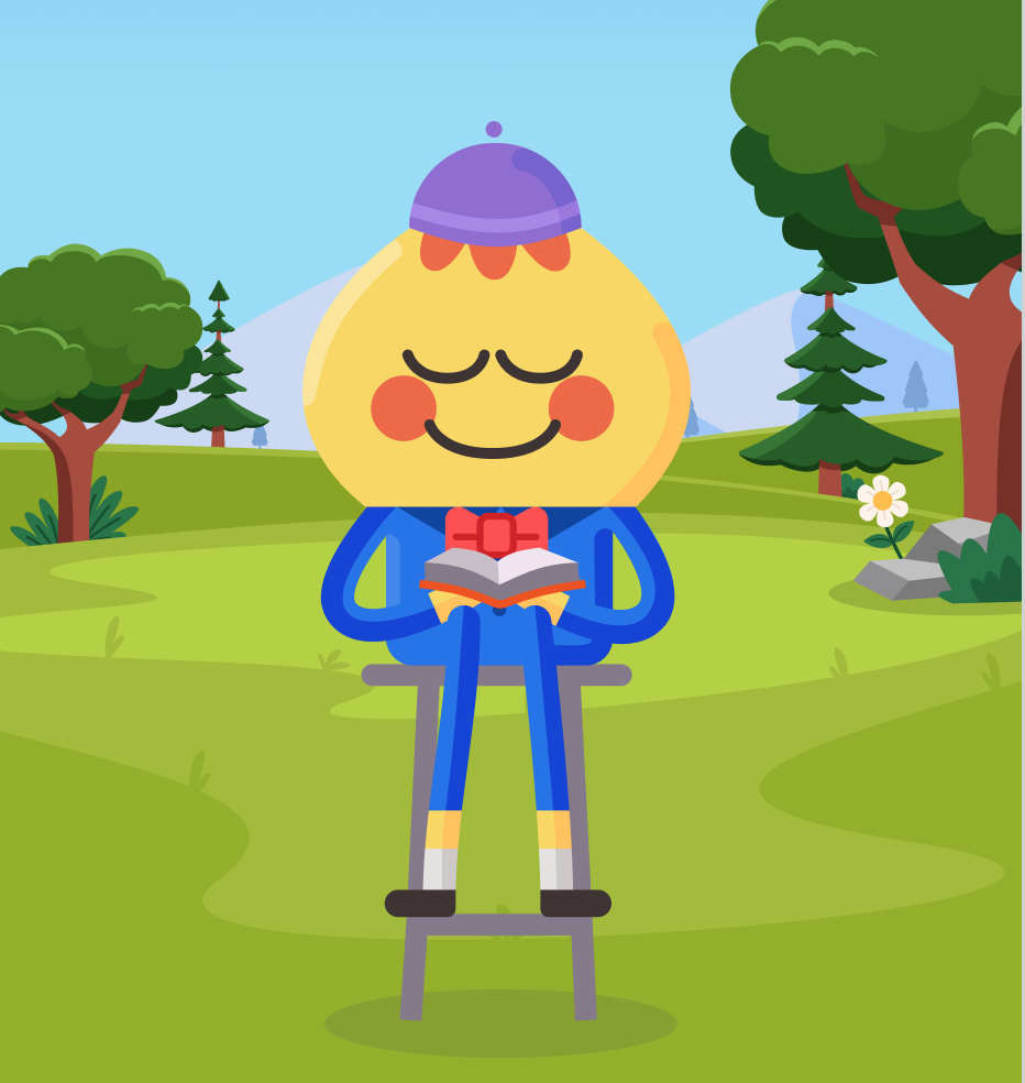 Diraya's illustrated learner reading in a green landscape
